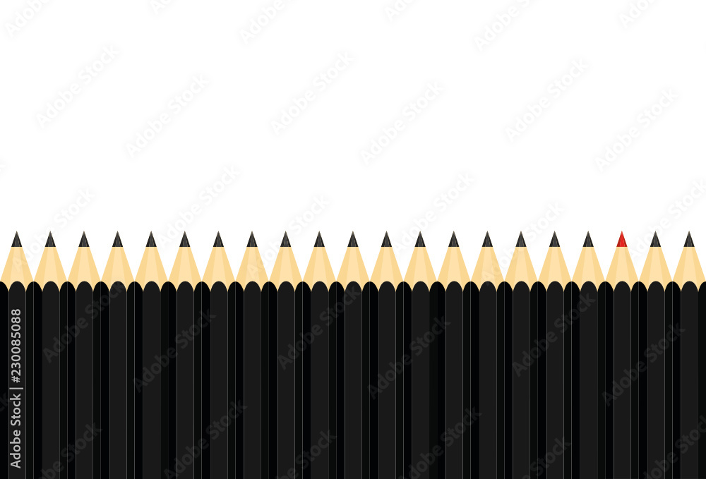 Many group of black pencils but red color standing out from crowd of plenty identical, leadership, independence, initiative, business success concept . Vector isolated on white background Many group of black pencils but red color standing out from crowd of plenty identical, leadership, independence, initiative, business success concept . Vector isolated on white background