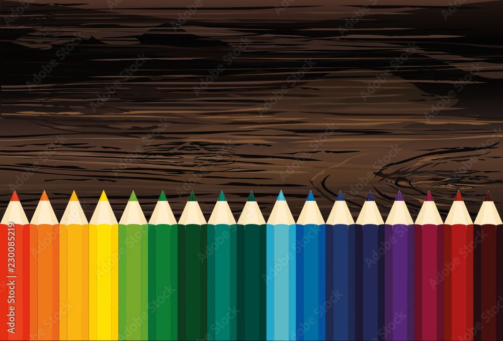 Fototapeta premium Colorful pencis. Vector on wooden background.
