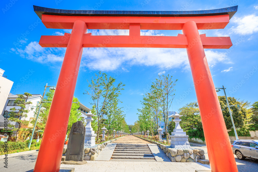 Ni no Torii, the second of the three Torii gate on Wakamiya Oji Avenue the 2 km long road leading to Tsurugaoka Hachiman Shinto Sanctuary in Kamakura, Japan. Beautiful spring season in the blue sky. Ni no Torii, the second of the three Torii gate on Wakamiya Oji Avenue the 2 km long road leading to Tsurugaoka Hachiman Shinto Sanctuary in Kamakura, Japan. Beautiful spring season in the blue sky.
