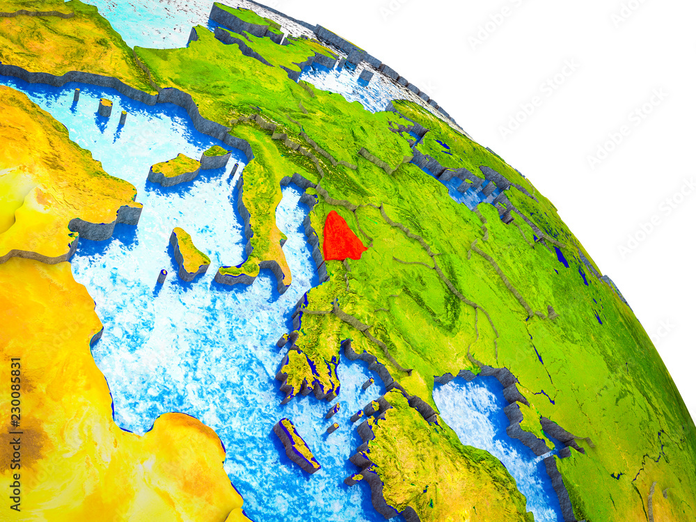 Bosnia and Herzegovina Highlighted on 3D Earth model with water and visible country borders. Bosnia and Herzegovina Highlighted on 3D Earth model with water and visible country borders.