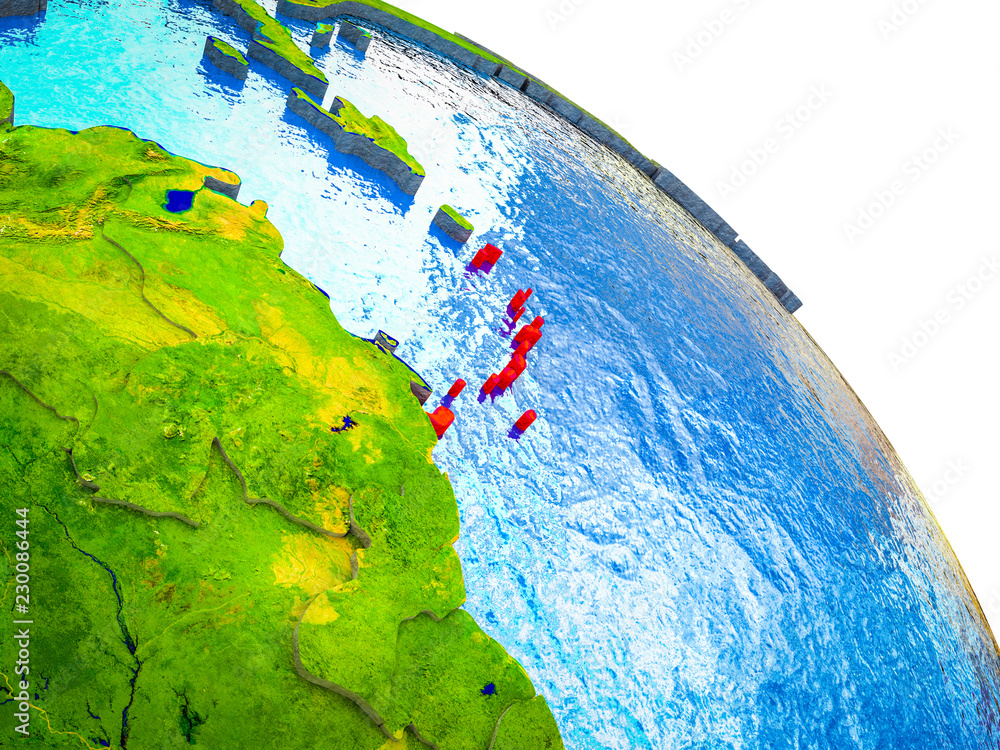 Caribbean Highlighted on 3D Earth model with water and visible country borders. Caribbean Highlighted on 3D Earth model with water and visible country borders.
