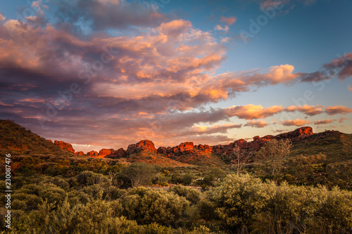 Rock formations surrounding the Kings Canyon car park at dawn, Central Australia, Northern Territory, Australia