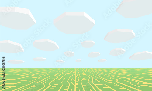 Landscape electronic circuit board. Vector. The surface of the electronic board as a field. The lines of contact go beyond the horizon. Above the octagonal clouds hover.