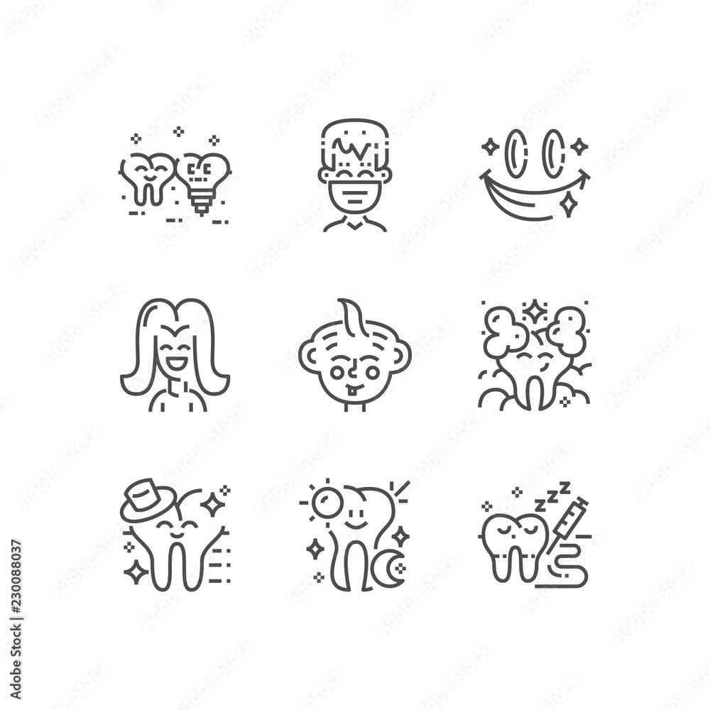 Modern set of dentist clinic icons. Premium medicine symbol collection. Vector stomatology illustration. Line orthodontic pictogram pack.
