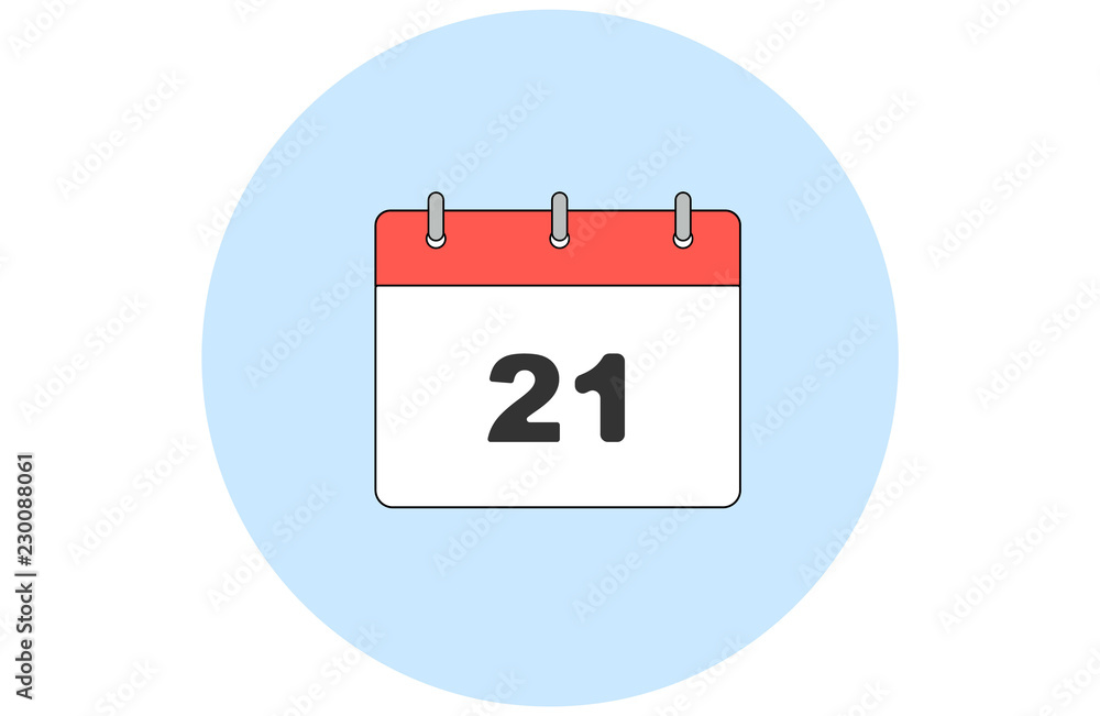 Simple vector of a calendar with day 21th inside a background with a blue round. Simple vector of a calendar with day 21th inside a background with a blue round.