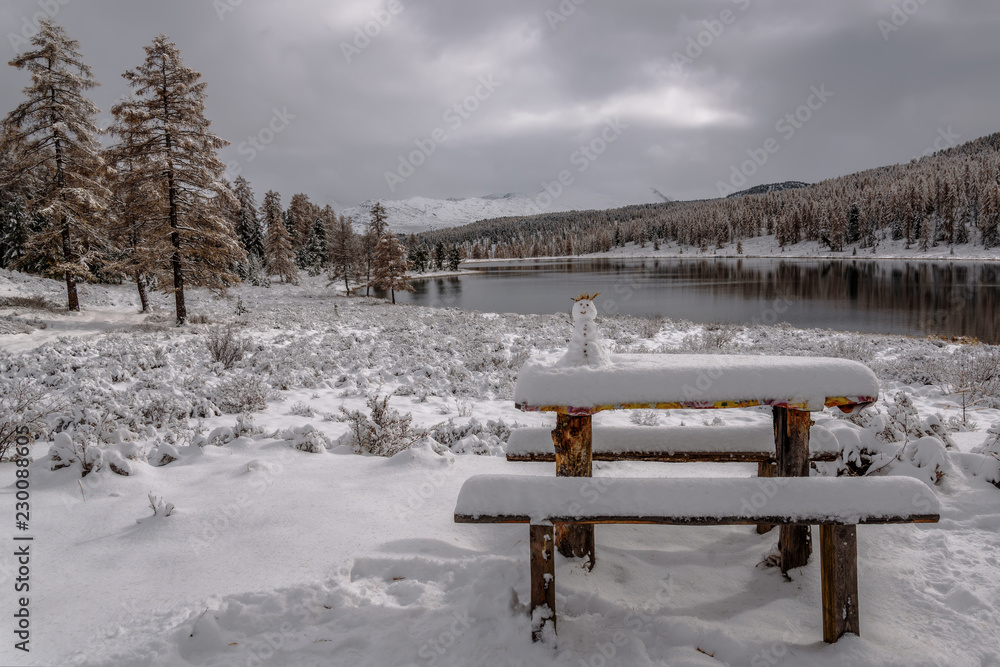 snowman lake snow mountains autumn snowman lake snow mountains autumn