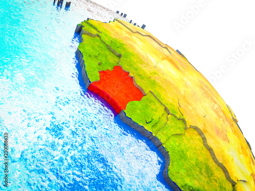 Ivory Coast Highlighted on 3D Earth model with water and visible country borders.