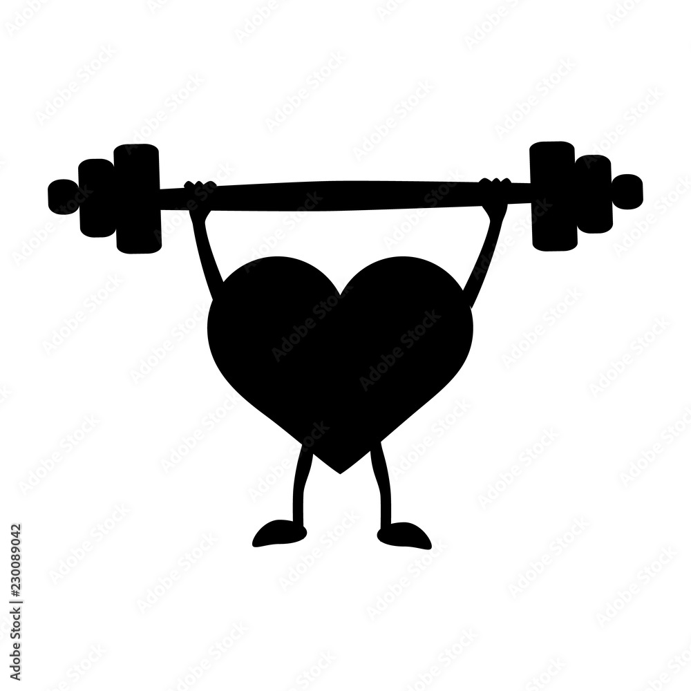 Heart with a barbell in the hands. Black silhouette. Vector illustration on isolated background. Heart with a barbell in the hands. Black silhouette. Vector illustration on isolated background.