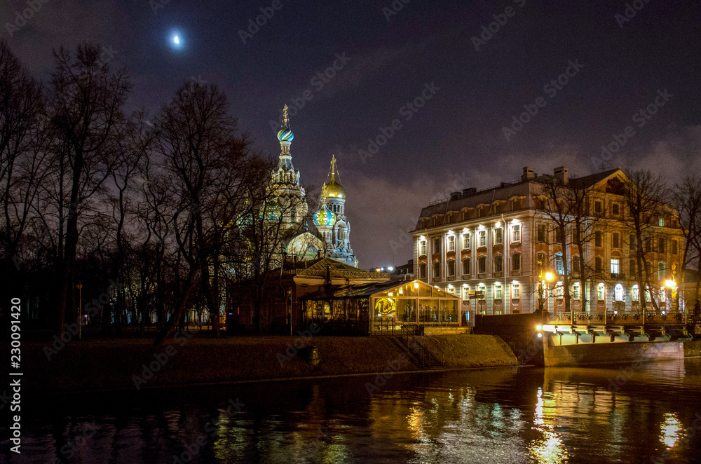 Russia. Saint-Petersburg. Church of the Savior on blood at night, the view from the Moyka river