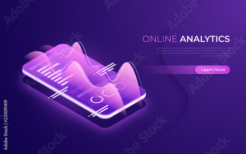 Online analytics, data analysis, financial performance isometric concept