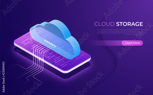 Cloud storage and technology, web hosting, data backup isometric concept
