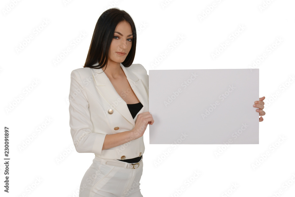 Young woman showing blank signboard or copy-space for slogan or text, isolated over white background Young woman showing blank signboard or copy-space for slogan or text, isolated over white background