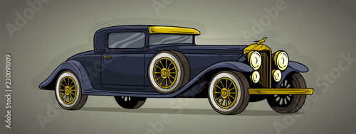 Cartoon retro vintage luxury violet and gold car with spare wheel on gray background. Vector icon.