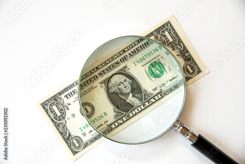 1 US Dollar under magnifying glass