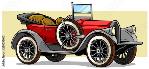 Cartoon retro vintage luxury red convertible car with spare wheel on yellow background. Vector icon.