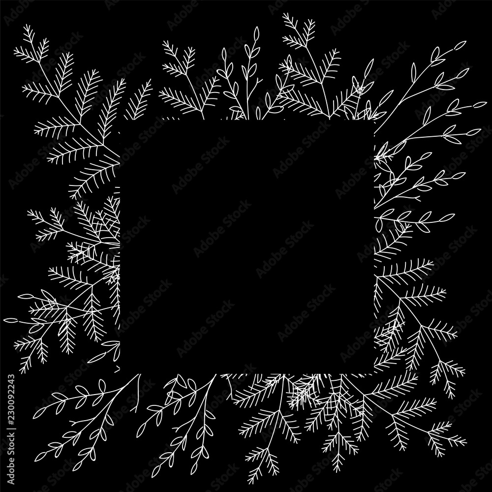 Square Flower frame. Frame with flowers, plants, grass, fern. Stylized