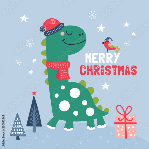 Cute dinosaure character Christmas card.