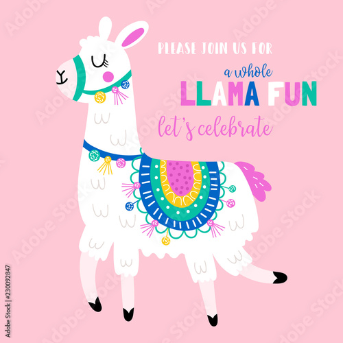 Cute llama birthday party invitation.