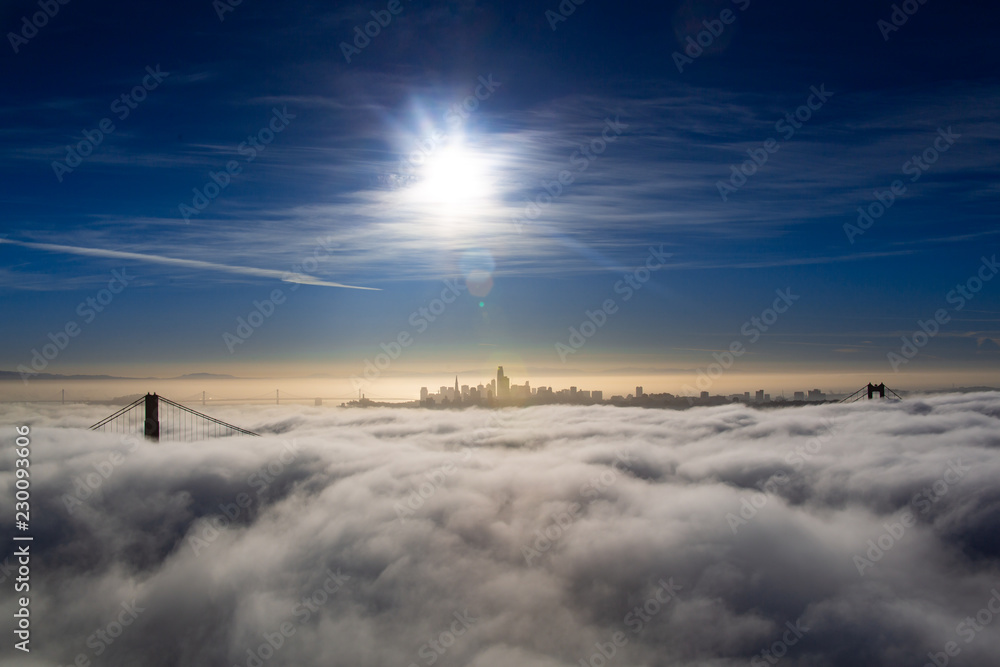 Aerial San Francisco Golden Gate Bridge Low Fog Morning Light