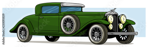 Cartoon retro vintage luxury green car with spare wheel on blue background. Vector icon.