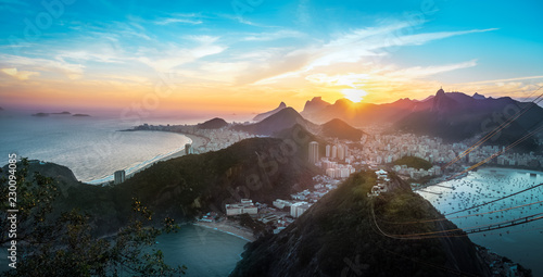 Aerial view of Rio de Janeiro Coast with Copacabana, Praia Vermelha beach, Urca and Corcovado mountain at sunset - Rio de Janeiro, Brazil
