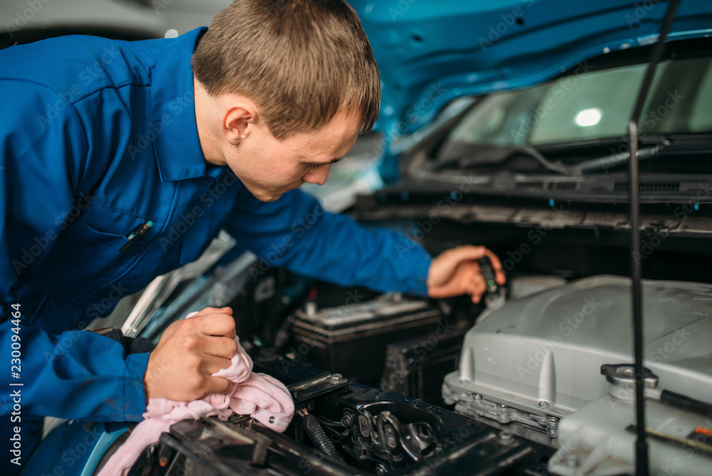 Male technician checks brake fluid level in car Male technician checks brake fluid level in car