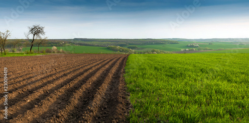 Landscape of plowed garden in spring time. agricultural scenic view with garden-beds. Plowing the ground before sowing.