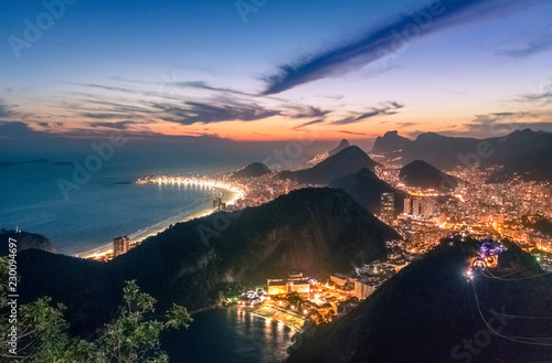 Aerial view of Rio de Janeiro Coast with Copacabana and Praia Vermelha beach at night - Rio de Janeiro, Brazil