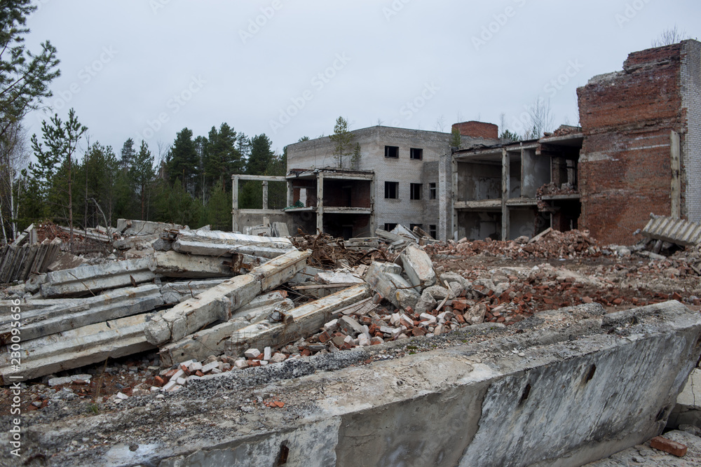 half destroyed brick administrative building half destroyed brick administrative building