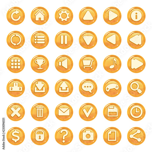 Set of orange shiny spotted buttons for game interfaces. Vector GUI elements for mobile games. Isolated on white background