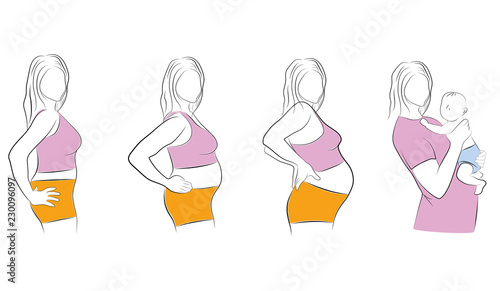 stages from pregnancy to childbirth. vector illustration.