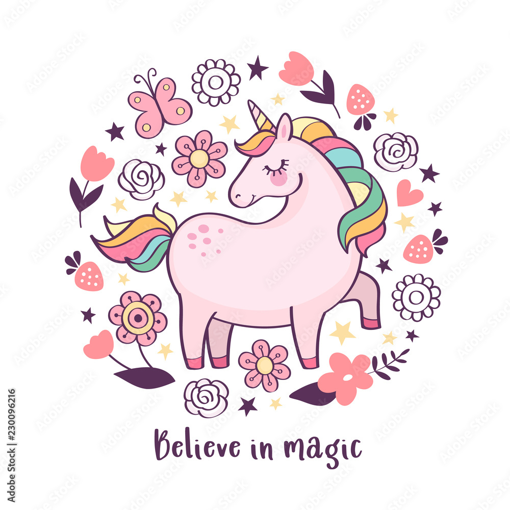 Vector motivation card with cute unicorn, flowers and text 