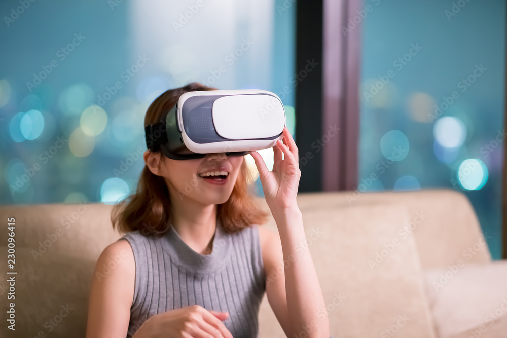woman wear virtual reality headset woman wear virtual reality headset