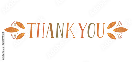Thank you. Handwritten text with autumn decor on white background. 