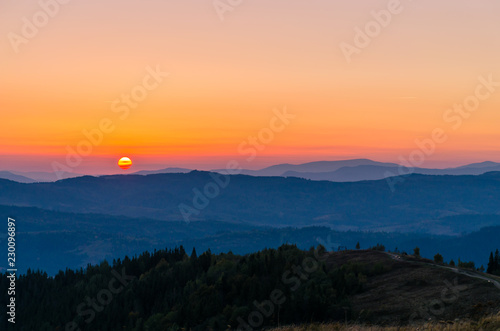 Sunset in the Carpathian Mountains in the autumn season