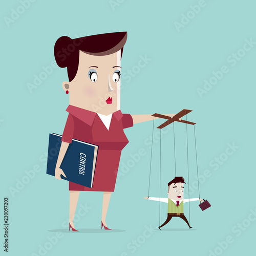 Woman controlling man hanging on strings: Manipulation