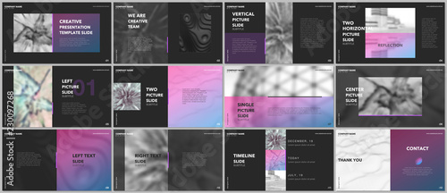 Minimal presentations design, portfolio vector templates with elements on black background. Multipurpose template for presentation slide, flyer leaflet, brochure cover, report, marketing, advertising.