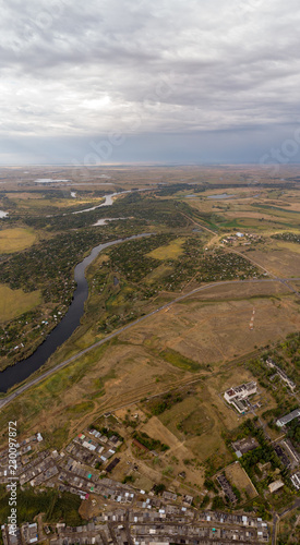 Aerial view on river and town. Panorama photo