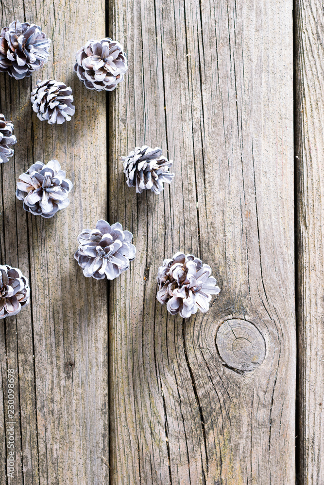 white painted pine cones Christmas decoration on old rustic wood table background white painted pine cones Christmas decoration on old rustic wood table background