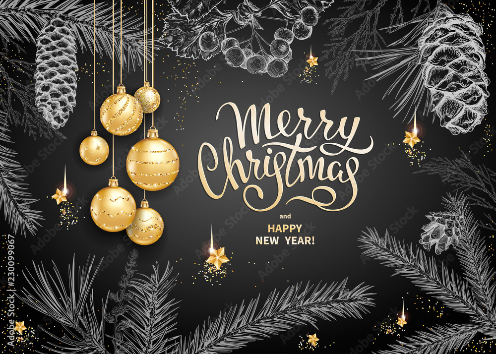 Merry Christmas and Happy New Year card with realistic golden balls ...