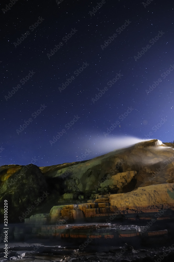mammoth hot spring at night