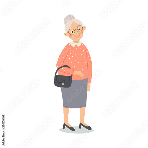 Senior lady with handbag standing. Old person. Cute grandmother with glasses smiling. Elderly, retired people. Cartoon vector hand drawn illustration isolated on white background in a flat style.