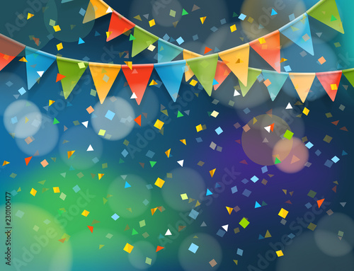 Abstract colorful background with confetti and color flags. Vector illustration