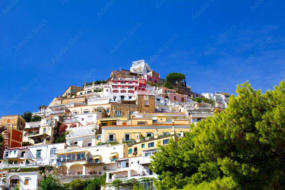 Panoramic view of the city on the sunny day.Positano.Italy.