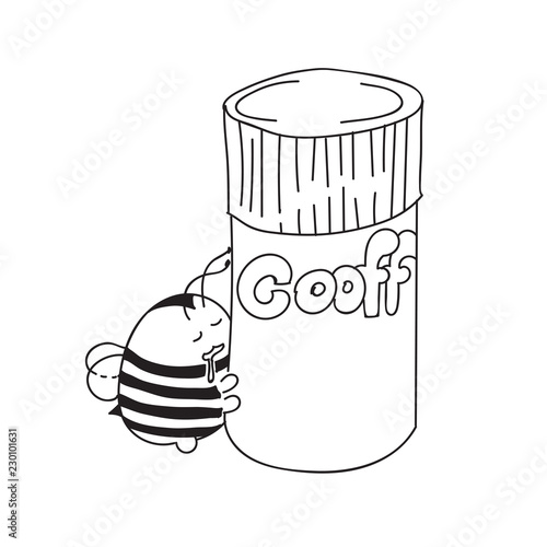 Cute little Bumblebee ink hand drawn sketch vector illustration. Happy fat bumblebee hugging a can of coffee. Bee icon. Print art sketch bees. Bee sign isolated on white background illustration