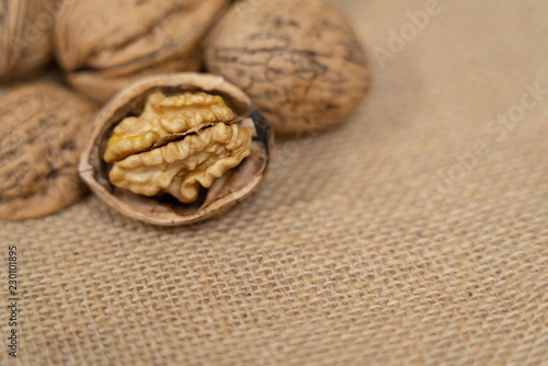 walnut on a burlap sack