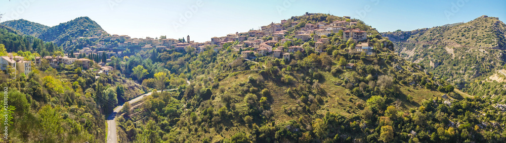 Panorama of Dimitsana village, a popular winter destination in mountainous Arcadia   in Peloponnese, Greece