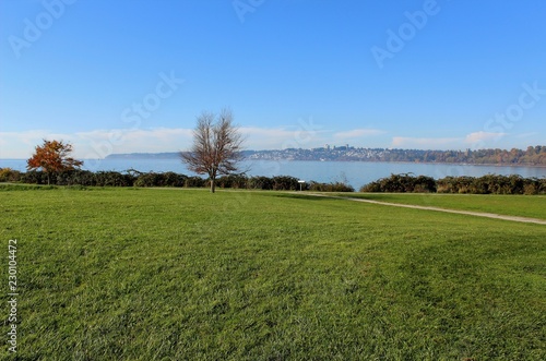 Distant view of White Rock, BC across Semiahmoo Bay from Marin Park in Blaine, Washington