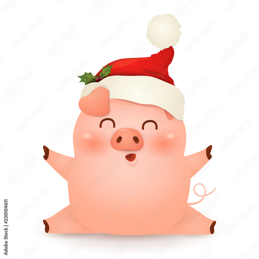 Christmas cute, little Pig cartoon character design with Christmas Santa  Claus Red hat , sitting isolated on white background. The year of the pig.  Happy New Year. Stock Vector | Adobe Stock