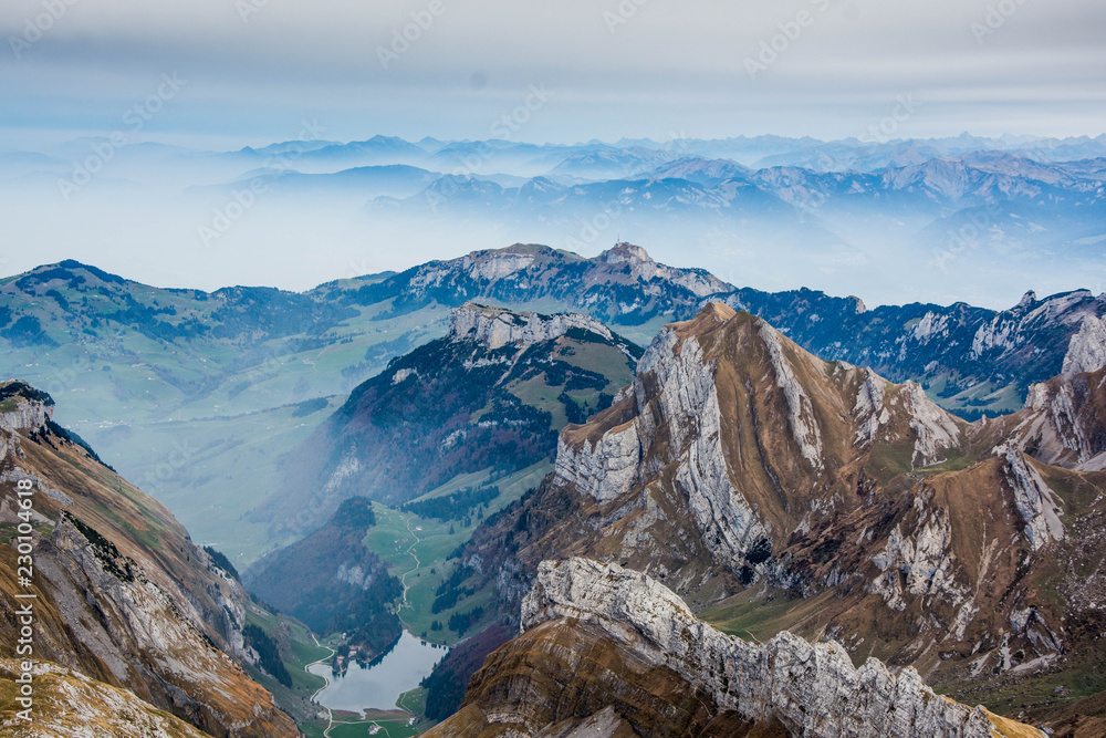 scenic landscape view from säntis in the swiss alps alpstein mountains panorama 